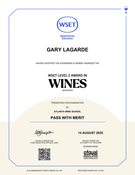 Gary Lagarde WSET Level 2 certificate